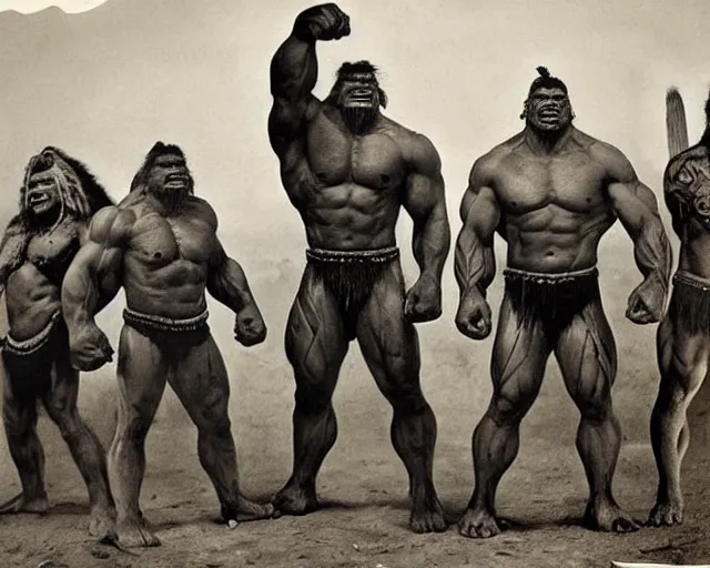 Image similar to hyper realistic group vintage photograph of a warrior orc tribe, tall, muscular, hulk like physique, tribal paint, tribal armor, grain, old