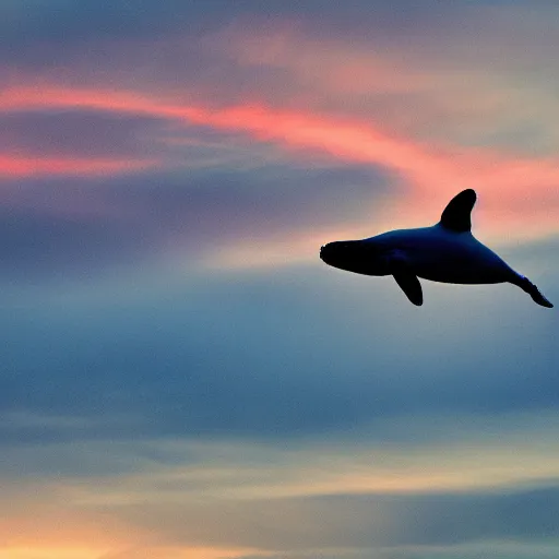 Prompt: a whale flying in the clouds at twilight