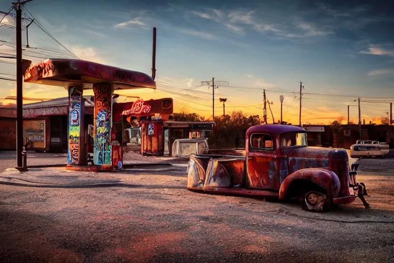 Image similar to a sunset light landscape with historical route 6 6, lots of sparkling details and sun ray ’ s, blinding backlight, smoke, volumetric lighting, colorful, octane, 3 5 mm, abandoned gas station, old rusty pickup - truck, beautiful epic colored reflections, very colorful heavenly, softlight