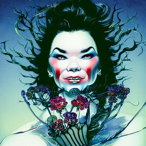 Image similar to portrait of crazy beautiful singer bjork as vampire, ymmetrical, by yoichi hatakenaka, masamune shirow, josan gonzales and dan mumford, ayami kojima, takato yamamoto, barclay shaw, karol bak, yukito kishiro