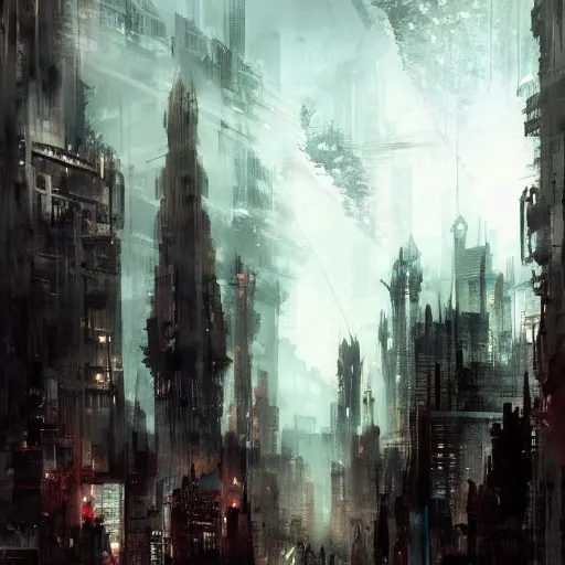 Image similar to A giant cityscape, by Greg Rutkowski and Dave McKean