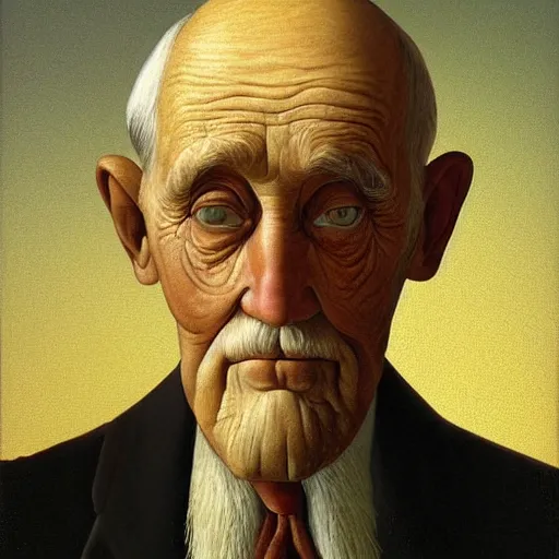 Image similar to detailing character portrait painting of old man by Grant Wood, on simple background, painting, middle close up composition