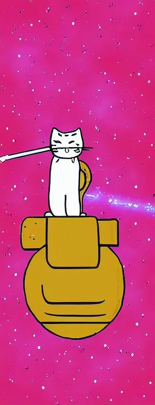 Prompt: “ lonely cat holding laser gun floating in clouds, digital art, super aesthetic, art station, cartoon novel style ”