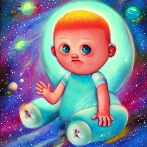 Image similar to sad lonely baby in the middle of space surrounded by colorful stars planets and galaxies, oil painting, trending on artstation