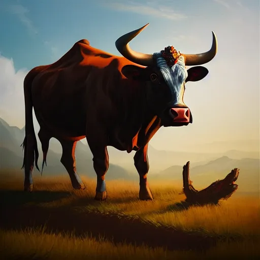 Image similar to painting of the cow king from diablo two, by beeple, artstation ,chic ,elite,detailed