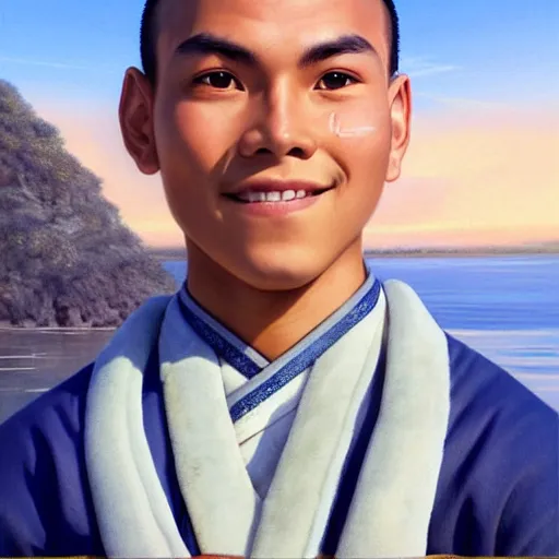 Image similar to beautiful serene intricate portrait of sokka from the water tribe as a young inuit man with blue eyes, smiling softly, relaxing on the beach, golden hour, soft focus, 8 k, art by irakli nadar, hyperrealism, hyperdetailed, ultra realistic