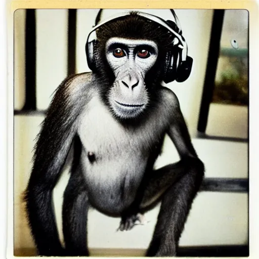 Prompt: a polaroid photo of a monkey with headphones