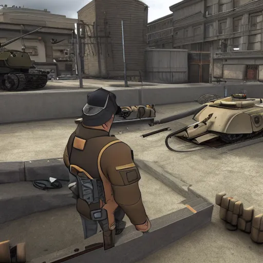 Image similar to the engineer from TF2 building the Maus tank, photorealistic, 4k