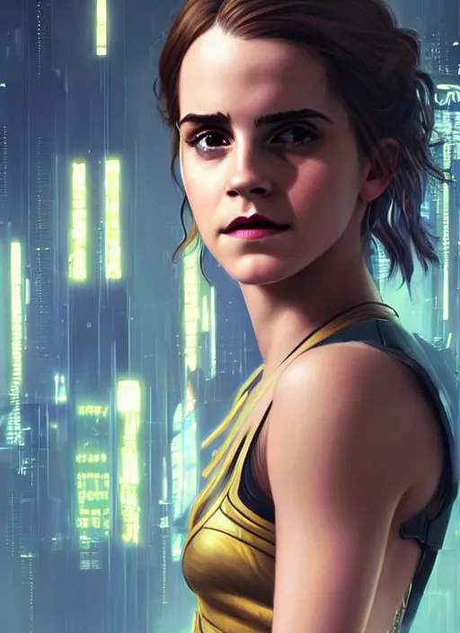 Prompt: portrait of Emma Watson as a character in Cyberpunk 2077, looking at camera, intricate, elegant, sci-fi, extremely detailed, digital painting, artstation, concept art, smooth, sharp focus, illustration, ambient lighting, incredible art by artgerm and greg rutkowski and alphonse mucha and simon stalenhag