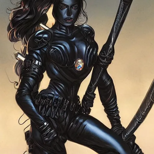 Prompt: a beautiful warrior woman with dark hair, wearing black catsuit and plates of black body armour, she is holding a long staff, detailed face, smooth, sharp focus, graphic novel, art by stanley lau artgerm,