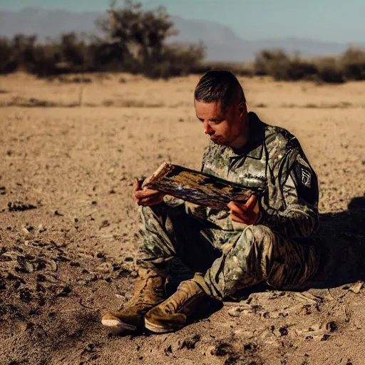 Image similar to portrait of a man wearing camuflage, army clothing, he ‘ s sitting in the desert eating some delicious crayons, beautiful composition, 5 0 mm f 1. 8, ambient light