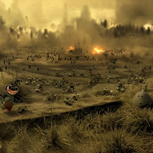 Image similar to detailed bob - omb battlefield battle war of the koopa clan, intricate, hyper detailed, realistic, cinematic lighting, dark, gritty, movie still, award winning cinema, breathtaking, foggy, smoky death, flags, sharp