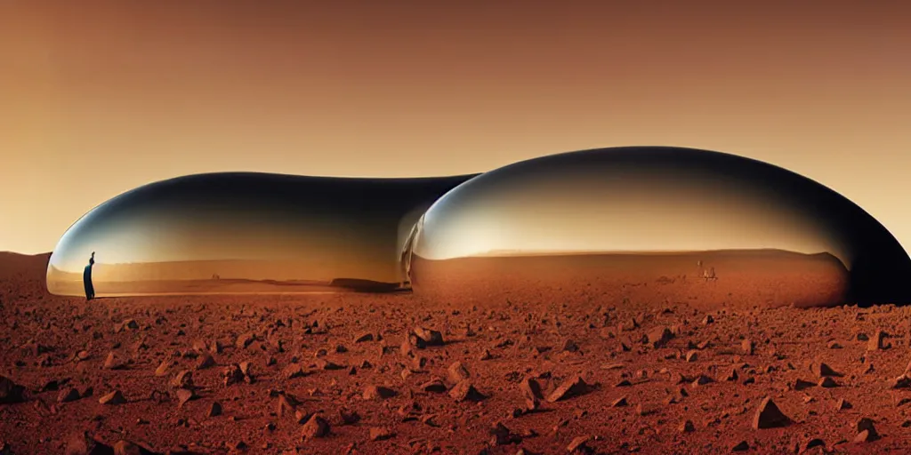 Image similar to a strange huge transparent pvc inflated organic architecture building black matte by jonathan de pas sits in the planet mars landscape, golden hour, film still from the movie directed by denis villeneuve with art direction by zdzisław beksinski, close up, telephoto lens, shallow depth of field