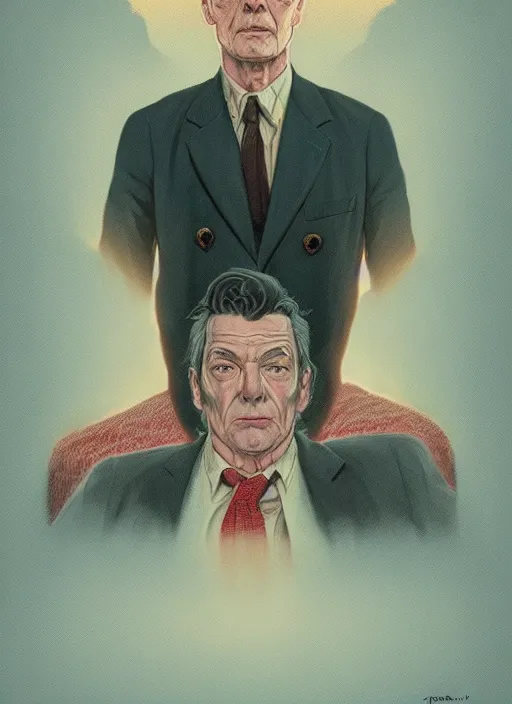 Prompt: Twin Peaks poster artwork by Michael Whelan and Tomer Hanuka, Rendering of portrait of Alfred Hitchock, full of details, by Makoto Shinkai and thomas kinkade, Matte painting, trending on artstation and unreal engine