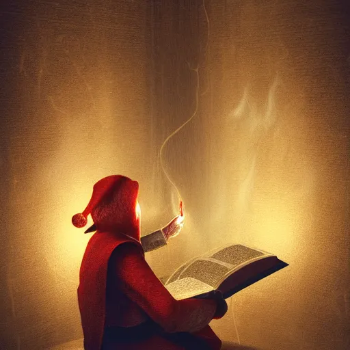 Prompt: An Elf reading a giant novel inside of a dusty chamber full of smoke by Tatsuo Miyajima and Terry More, artstation
