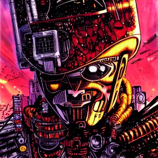 Image similar to schwarzenegger as cyberpunk knight, atmospheric lighting, painted, intricate, golden hour, ultra detailed by philippe druillet