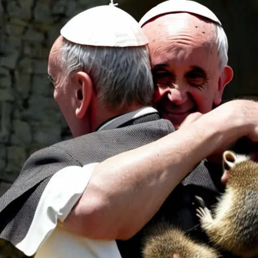 Prompt: Pope Francis hugging a racoon in game of Thrones