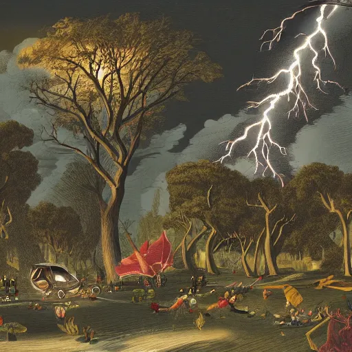 Prompt: a detailed illustration of a massive tornado touching down in the middle of central park, flying trees and park items, calamity, dark storms with lightning, 8 k, in a baroque style