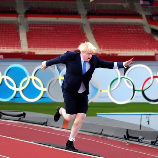 Prompt: Boris Johnson performing shot putt at the Olympics