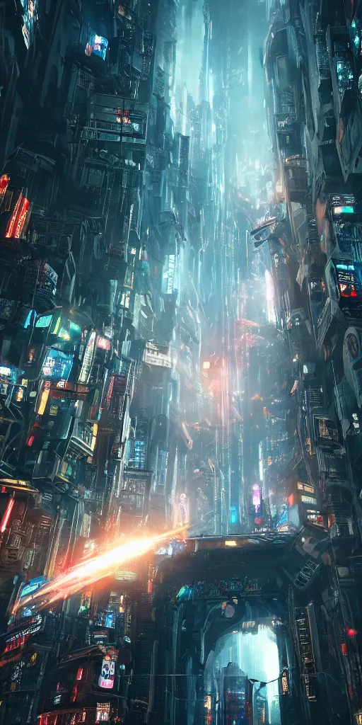 Image similar to a giant portal destroying a dystopian city, cyberpunk, sharp focus, dynamic lights, still, photograph, hyper realistic, masterpiece, octane render, rendered, 3 d, cinematic, cinematic lighting, dramatic lighting, highly detailed, intricate details, texture, cinematic composition, wide shot, by donglu yu and kevin jick and eddie del rio