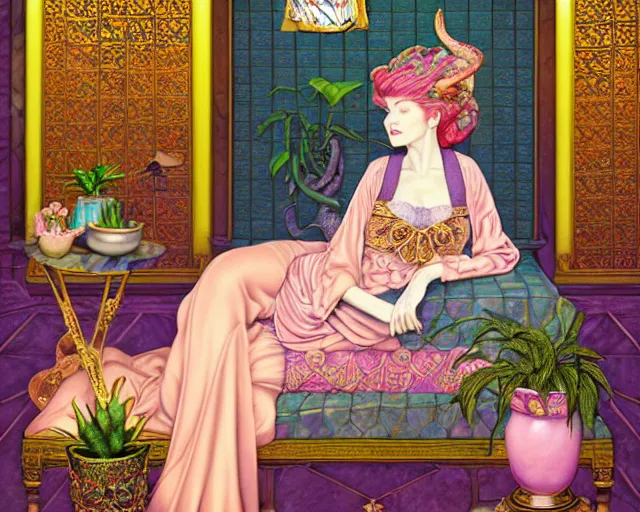 Image similar to a detailed fantasy pastel portrait of a woman wizard in ornate clothing lounging on a purpur pillow on the marble floor in front of her bookcase in a room, reading an ancient tome. to the side is a potted plant, moody light. ancient retrofuturistic setting. key art, focus on face, by chie yoshii and casey weldon