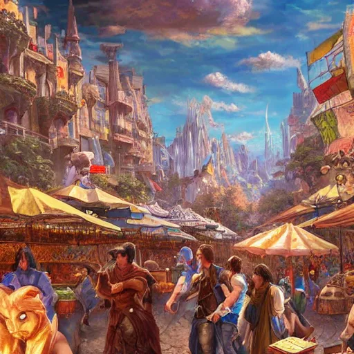 Prompt: a busy fantasy street market from within a beautiful and ornate city, hyper realistic digital art, by Sylvain Sarrailh, by Sebastian Luca, by Nicodemus Yang-Mattisson, beautiful painting, detailed, cinematic, great composition, rococo, dungeons and dragons, lord of the rings, artstation