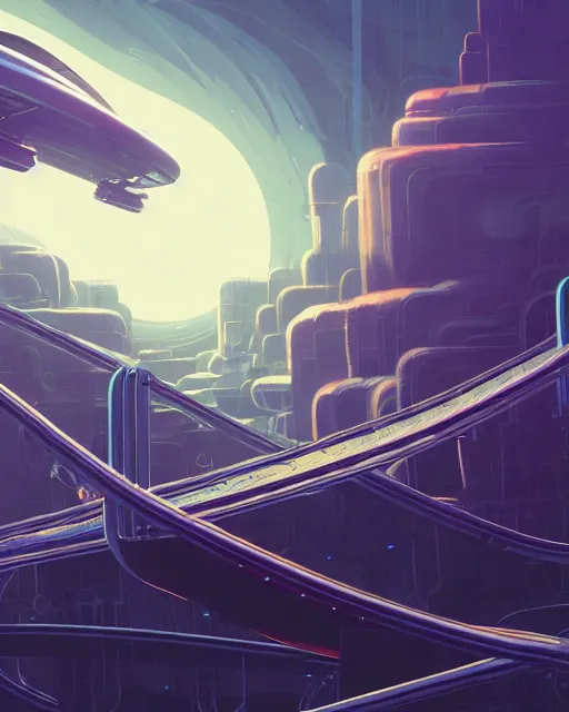 Image similar to simplicity, a roller coaster made out of simple weird organic creatures, in the style of a streamlined asymmetrical spaceship, bleak apocalyptic environment, by dan mumford, yusuke murata, makoto shinkai, ross tran, cinematic, unreal engine, cel shaded, featured on artstation, pixiv