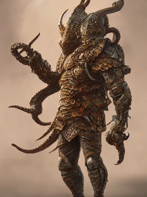 Prompt: full body frontview portrait of a warrior in octopus armour, d & d character design, designed in blender, 4 k hd, octane render, intricate and highly detailed, coloured with lots of colour, cinematic, pose, fantasy, concept art, sharp focus, trending on artstation