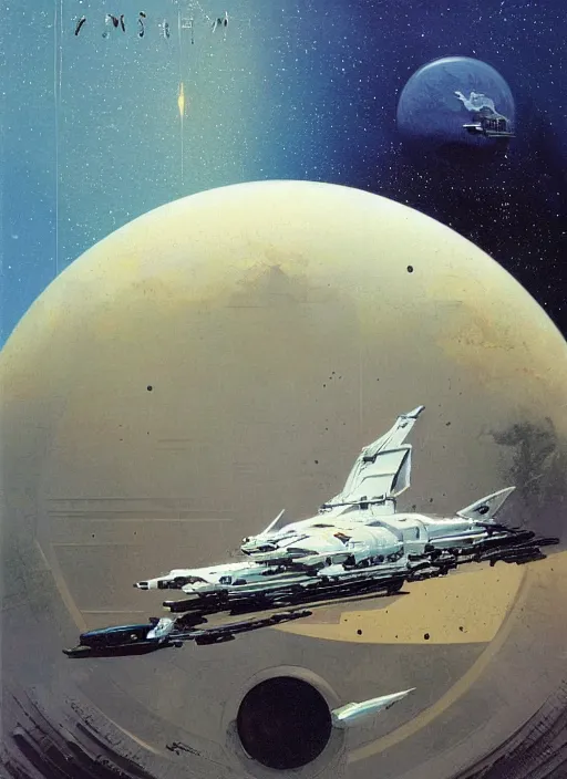 Image similar to understated. distant. negative space dominant. vast. empty. spacious bg. minimalistic piece. simplified environment. lonely cosmos. single ship as main subject. masterpiece book cover illustration by the great famous sci - fi artist john berkey.