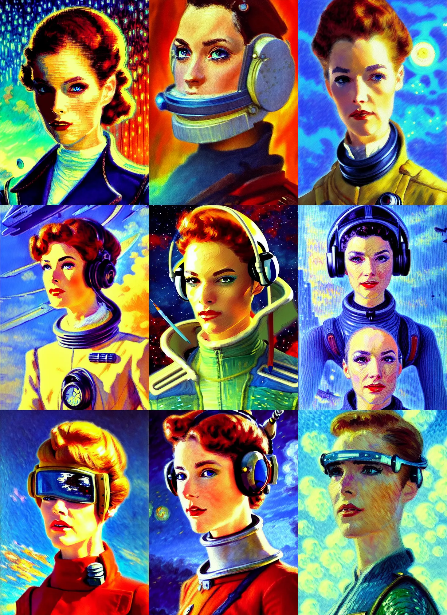 Prompt: impressionism painting of a d & d style retro sci - fi pilot beautiful face and wearing full detailed clothing
