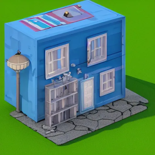 Image similar to small cute mobile game house, 1 0 0 mm, 3 d render, isometric, diorama, blue background,