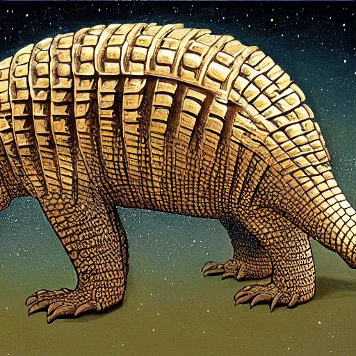 Image similar to a cybernetic pangolin. the pangolin is standing upright. the pangolin is covered in white and gold scales. high quality fantasy science fiction art. painted by larry elmore.