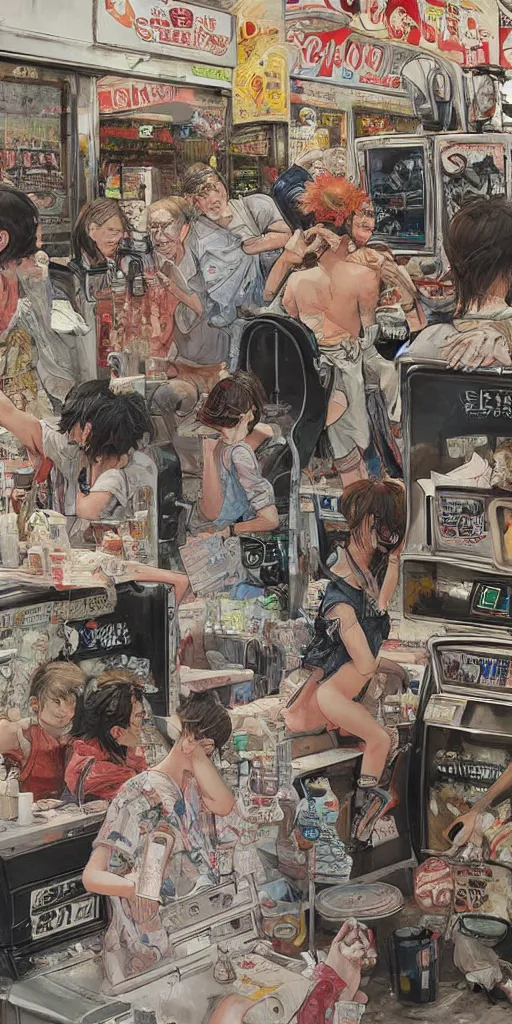 Image similar to oil painting scene from amusement arcade by kim jung gi