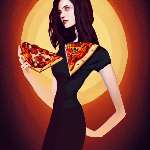 Prompt: skinny pale lady in black dress with red hair holding pizza, Apex Legends character, digital illustration portrait design, by android jones and greg rutkowski, retrowave color scheme, detailed, cinematic lighting, wide angle action dynamic portrait