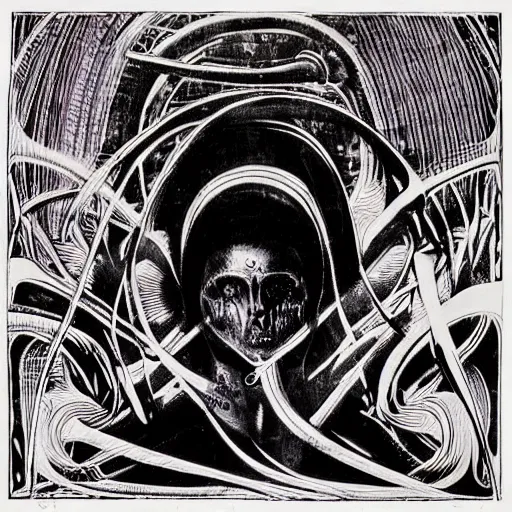 Image similar to post - punk new age album cover, magic, apocalypse, psychedelic, black white pink, magic, giger h. r.