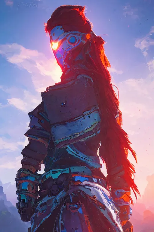 Image similar to combination suit armor aloy horizon forbidden west horizon zero dawn radiating a glowing aura global illumination ray tracing hdr fanart arstation by ian pesty and alena aenami artworks in 4 k tribal robot ninja mask helmet backpack