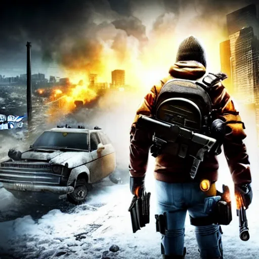 Image similar to the division poster set in an apocalyptic los angeles, agent standing with a gun in the foreground, cinematic, 4 k
