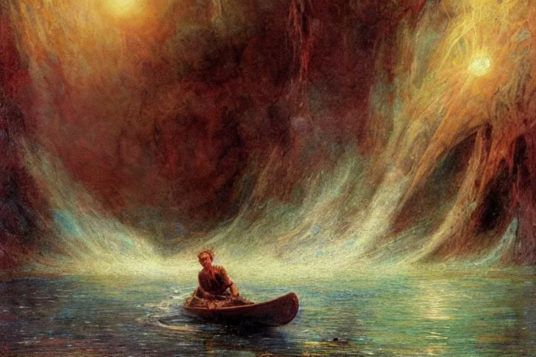 Image similar to illustration of a black river in the astral plane with black oozing arms reaching out of the water. a man on a boat paddles down the river. art by gaston bussiere.