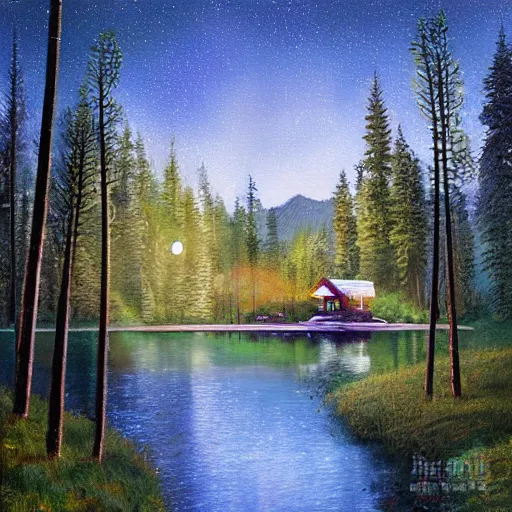 Image similar to small robot cottage at the edge of a lake in the mountains, painterly painting by james gueney and beeple, soft glowing windows, early evening, reflections, pine trees, detailed, outlined