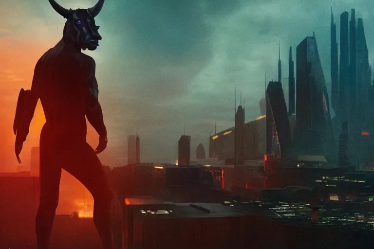 Image similar to humanoid minotaur in the movie bladerunner 2 0 4 9. cinematic wide shot in the style of cyber punk