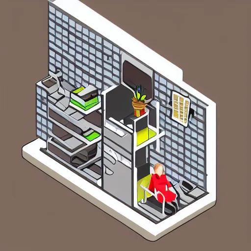 Prompt: Isometric view of a tiny woman living inside a computer tower. Detailed digital art.