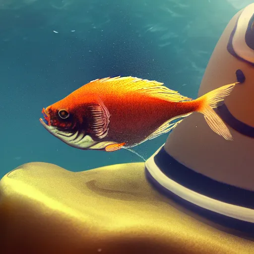 Image similar to golden fish with the monocle and top-hat, realistic, 4k, real world, realistic cinematic,