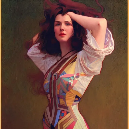 Image similar to modern woman | hyperrealistic | action pose | digital painting | trending on artstation | pinup portrait | clean | illustration | dressed | Unreal Engine 5 | 8k resolution | by Greg Rutkowski Alphonse Mucha Gustav Klimt and Mel Ramos