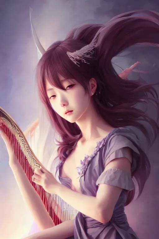 Prompt: portrait anime girl playing harp by hyeyoung kim, stanley artgerm lau, wlop, rossdraws, james jean, andrei riabovitchev, marc simonetti, and sakimichan, full body portrait, intricate, face, elegant, beautiful, highly detailed, dramatic lighting, sharp focus, artstation, frostbite engine