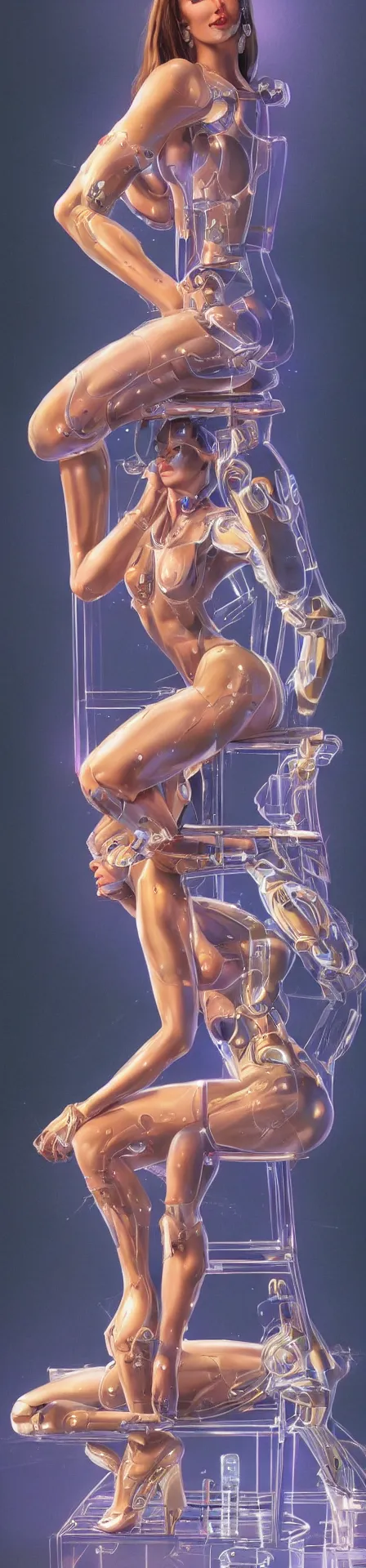 Prompt: beauty woman being sitting on a stool, surrounded by holograms, very detailed, dramatic lighting, detailed mechanical hands, electrical details, high details, 4k, 8k, trending on artstation, by Hajime Sorayama and Boris Vallejo