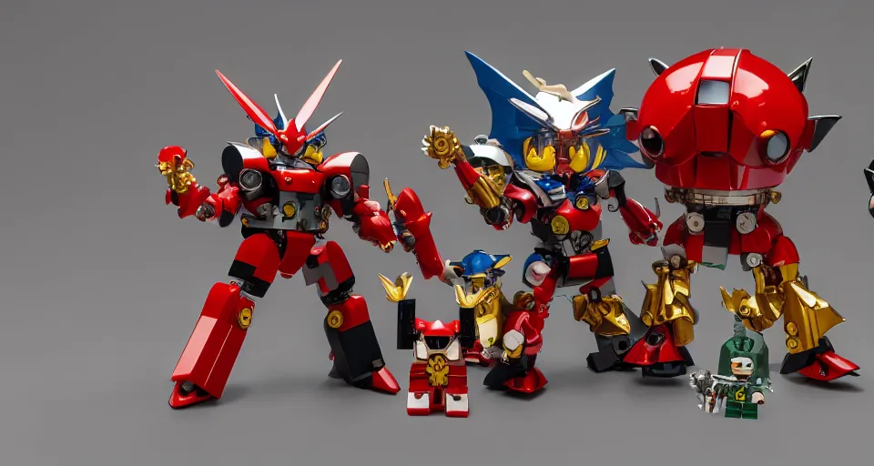 Image similar to a gachapon collection of several super - deformed chibi mecha robot lego, mazinger, getter robo, gurenn lagann, by hajime katoki, plastic toy, product photo, realistic, symmetrical, octane render, wideshot