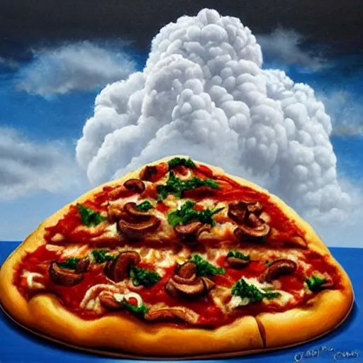 Image similar to mushroom cloud made of pizza. 4 k highly detailed oil painting.