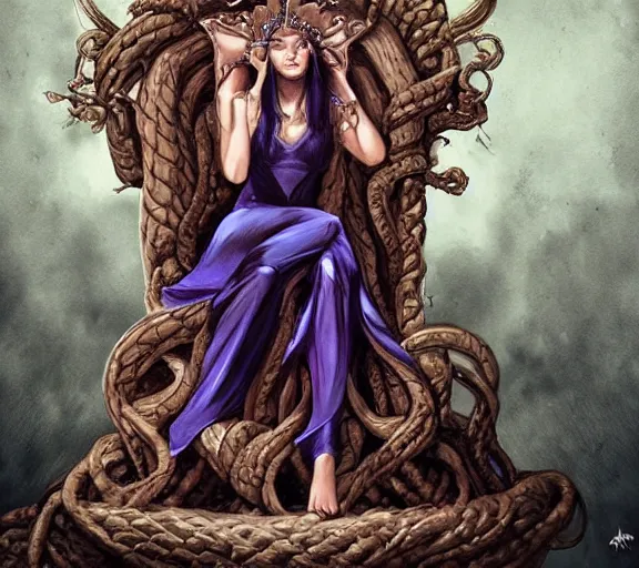 Image similar to medusa on a throne. trending on artstation.