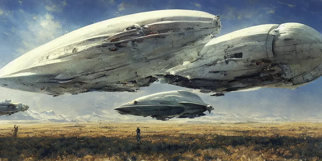 Image similar to white giant spaceship starship airship in center on tansy field at foot on snowy mountain by Fernand Khnopff by john berkey, oil painting, concept art