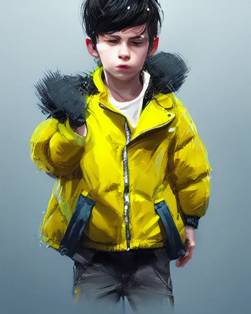 Image similar to a tiny punk kid wearing a puffy yellow jacket, smooth, intricate, elegant, digital painting, artstation, concept art, sharp focus, illustration, art by sam spratt, valorant character,